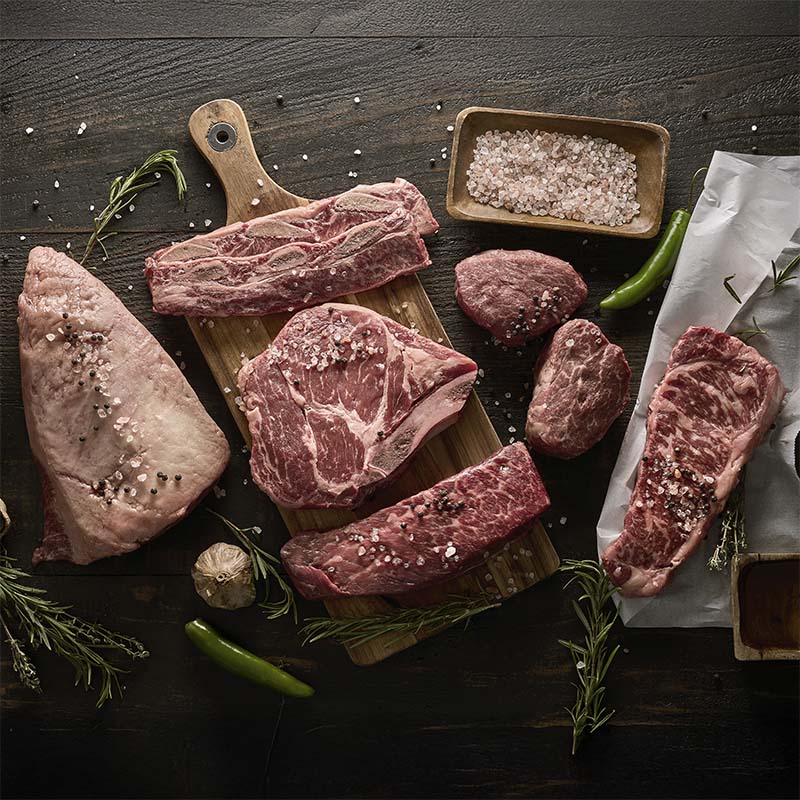 A collection of premium beef cuts featured in the grill master bundle from Yolo 8 Meats