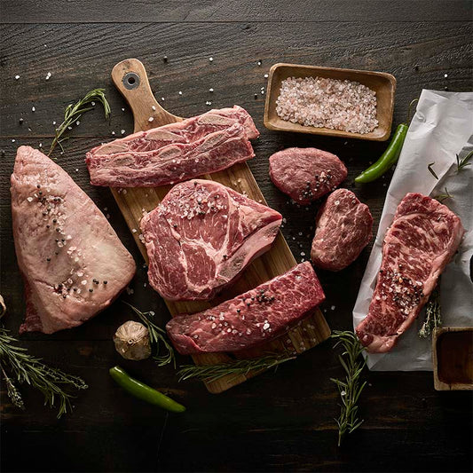 A collection of premium beef cuts featured in the grill master bundle from Yolo 8 Meats