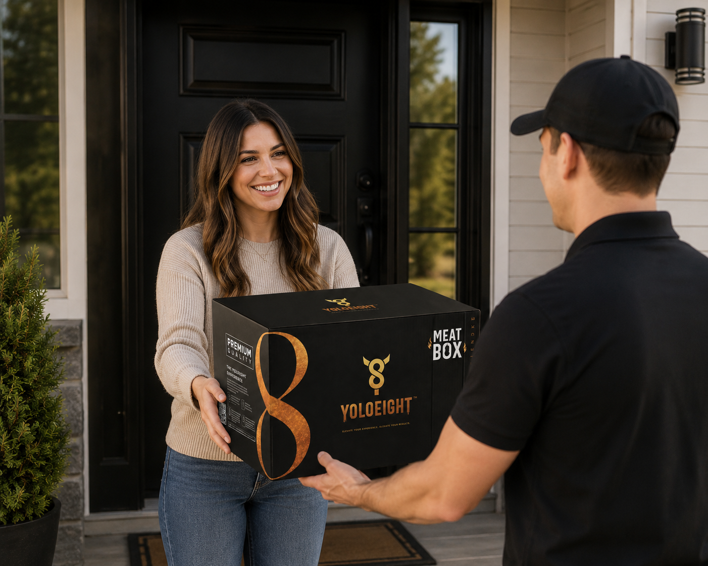 A person in a black cap and black polo shirt delivers a large black YOLO 8 Meats box to a smiling woman standing on a front porch.